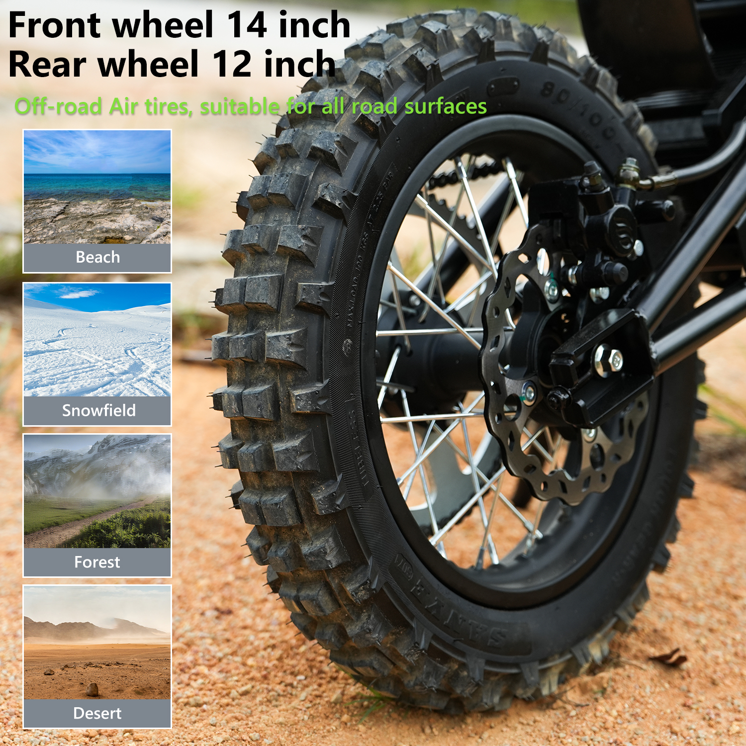 Detail eines grobstolligen Offroad-Reifens mit Felge und Bremsscheibe.