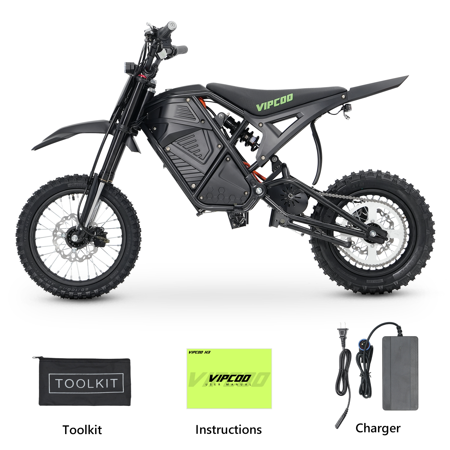 Schwarzes E-Motorrad mit Werkzeugtasche, Anleitung und Ladegerät.