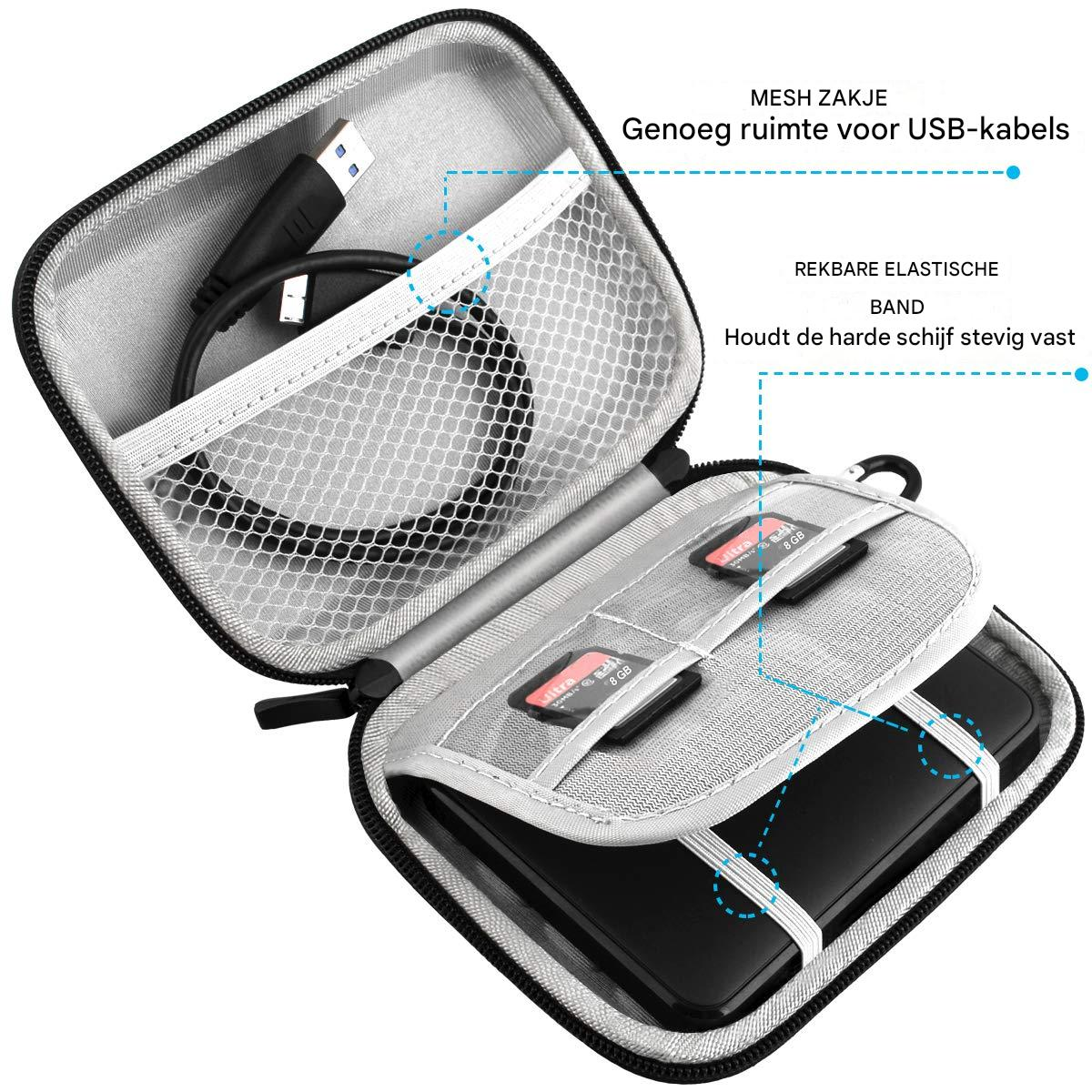 Ein schwarzes Etui mit USB-Kabeln, SD-Karten und einer Festplatte.