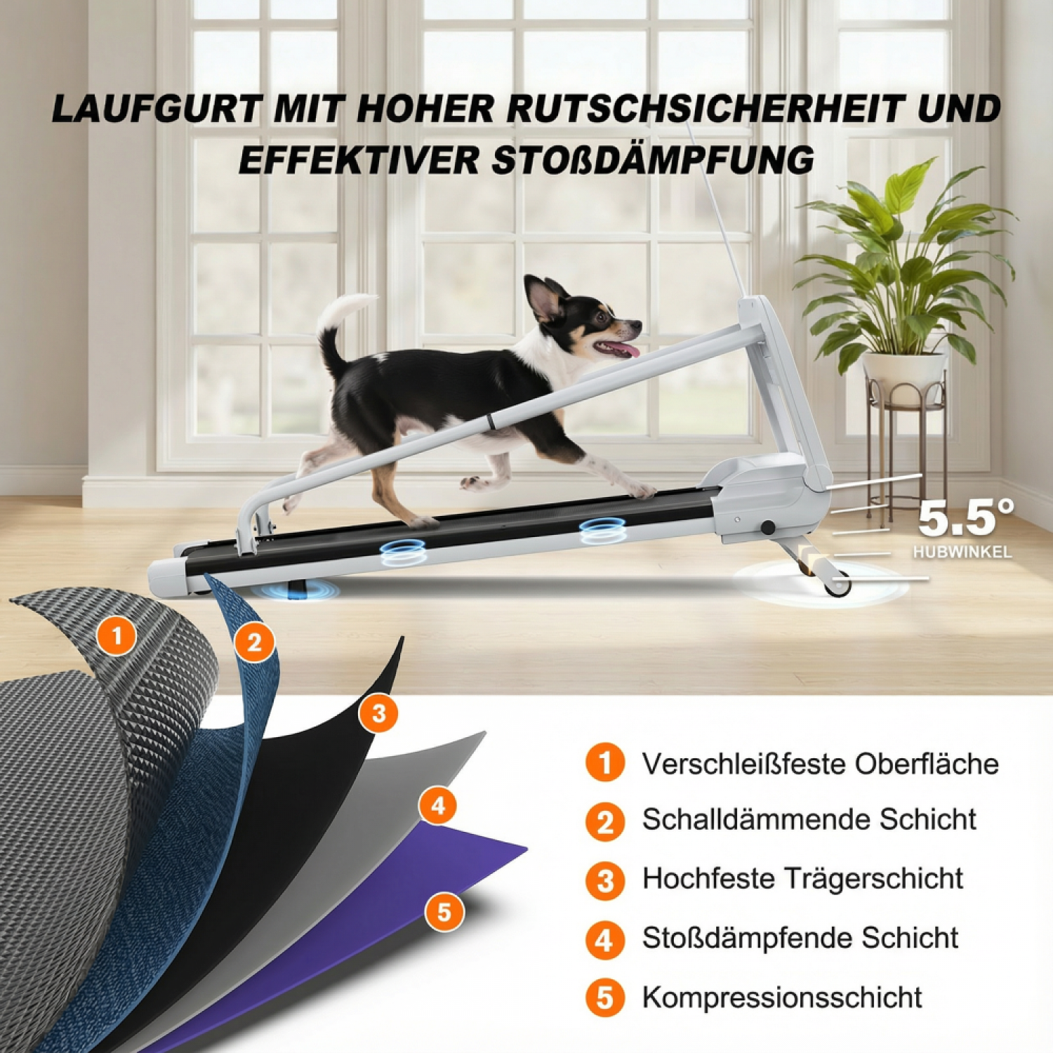 Ein Hund läuft auf einem Laufband mit Schichten darunter. Text beschreibt Eigenschaften.