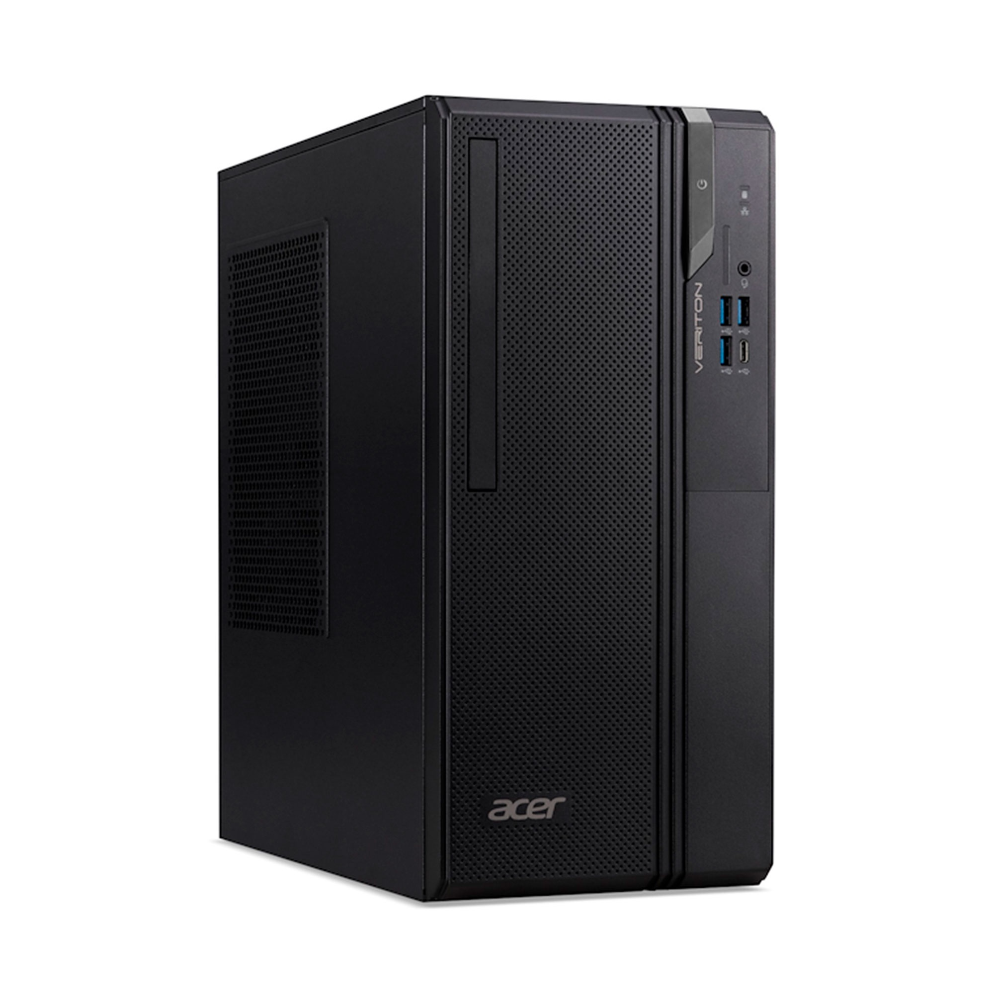 Ordenador de sobremesa Acer Veriton negro con frontal perforado y puertos.