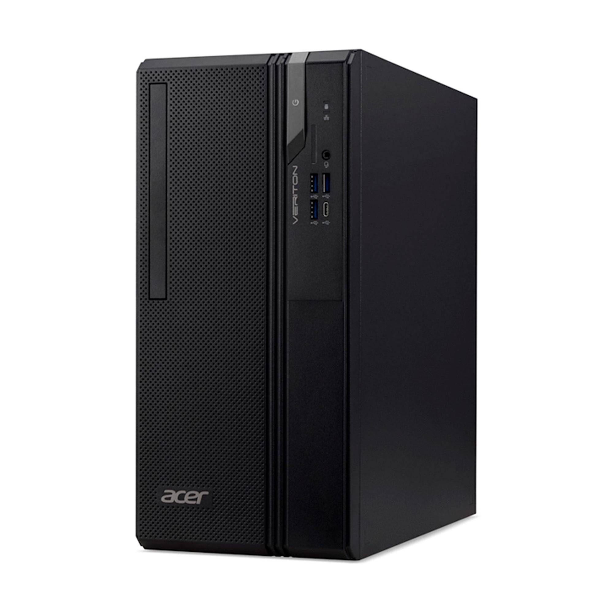 Un ordenador de sobremesa Acer Veriton negro con puertos USB y botón de encendido.