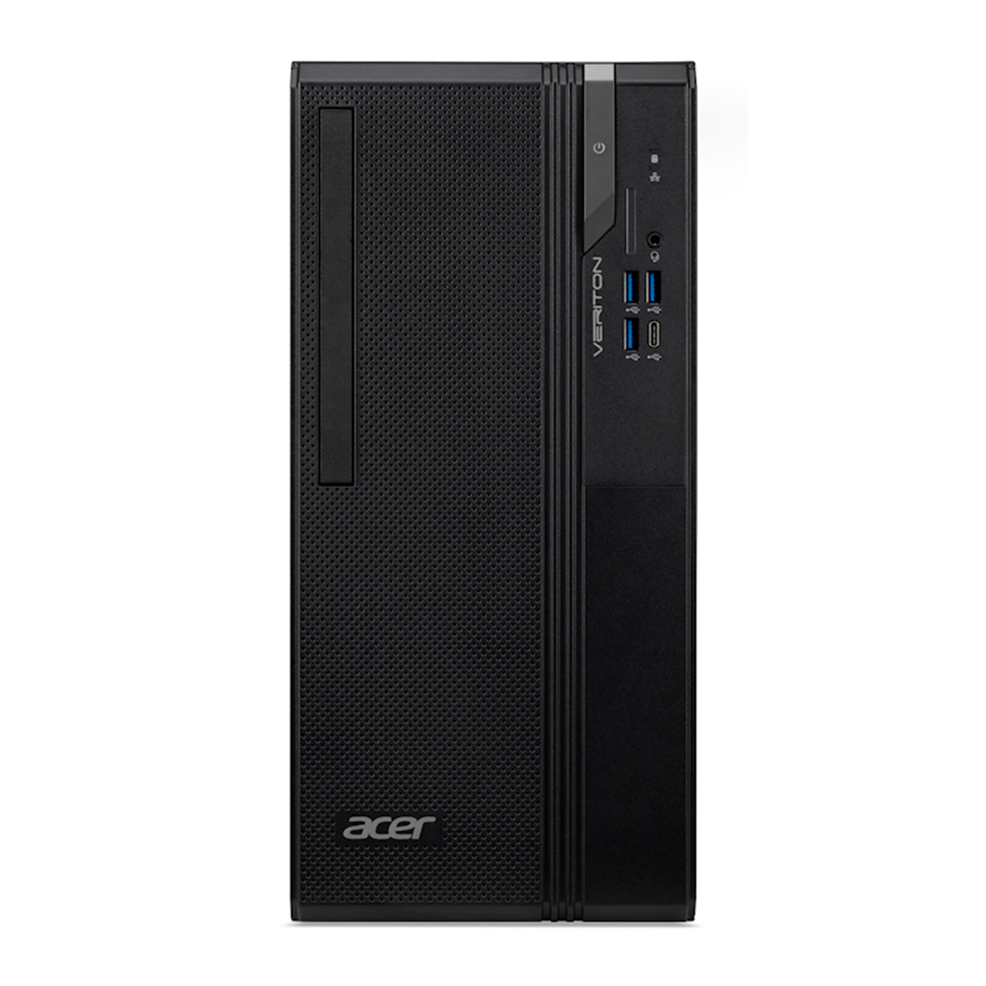 Torre de escritorio Acer Veriton negra con puertos USB y botón de encendido.