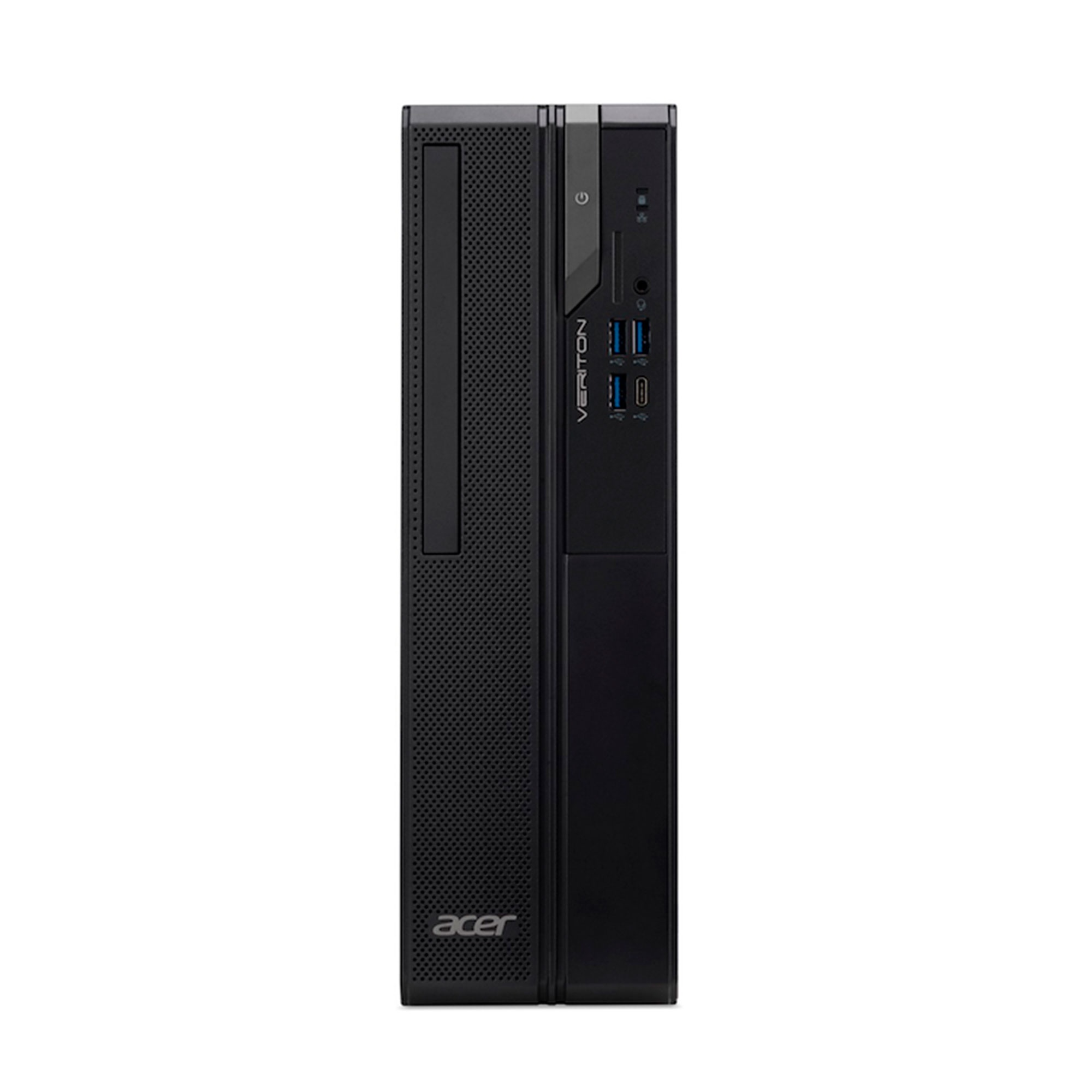 Un ordenador de sobremesa Acer Veriton negro con puertos frontales y rejillas.