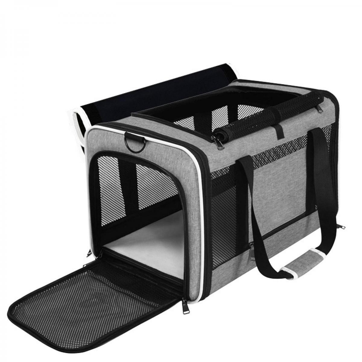 Graue Transporttasche für Haustiere mit Mesh-Fenstern und offener Tür.
