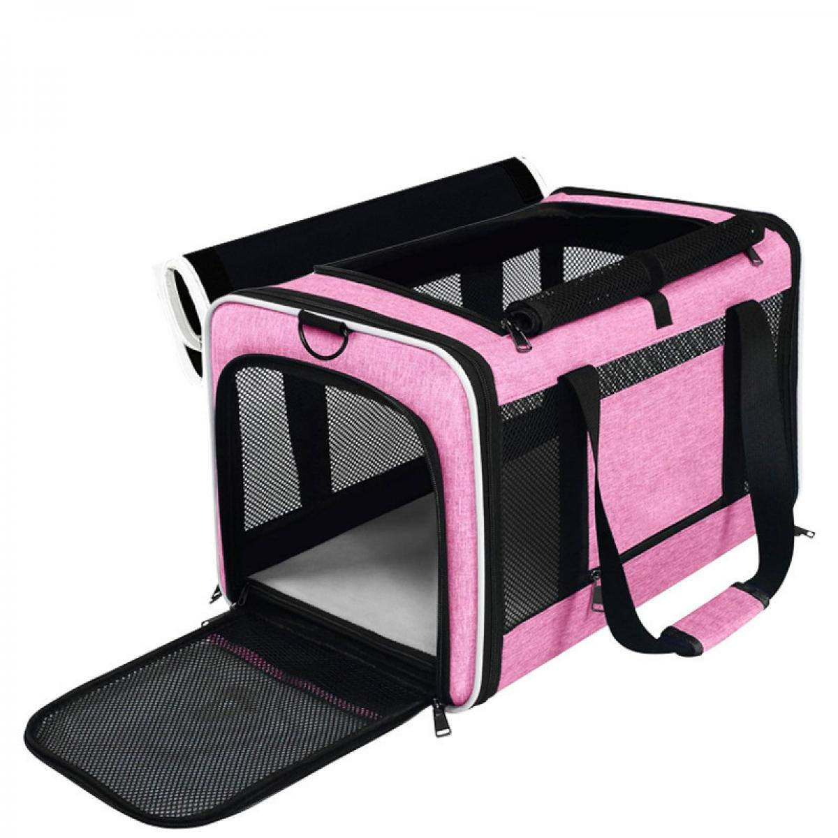 Eine rosa Transporttasche für Haustiere mit Netzfenstern und Reißverschluss.