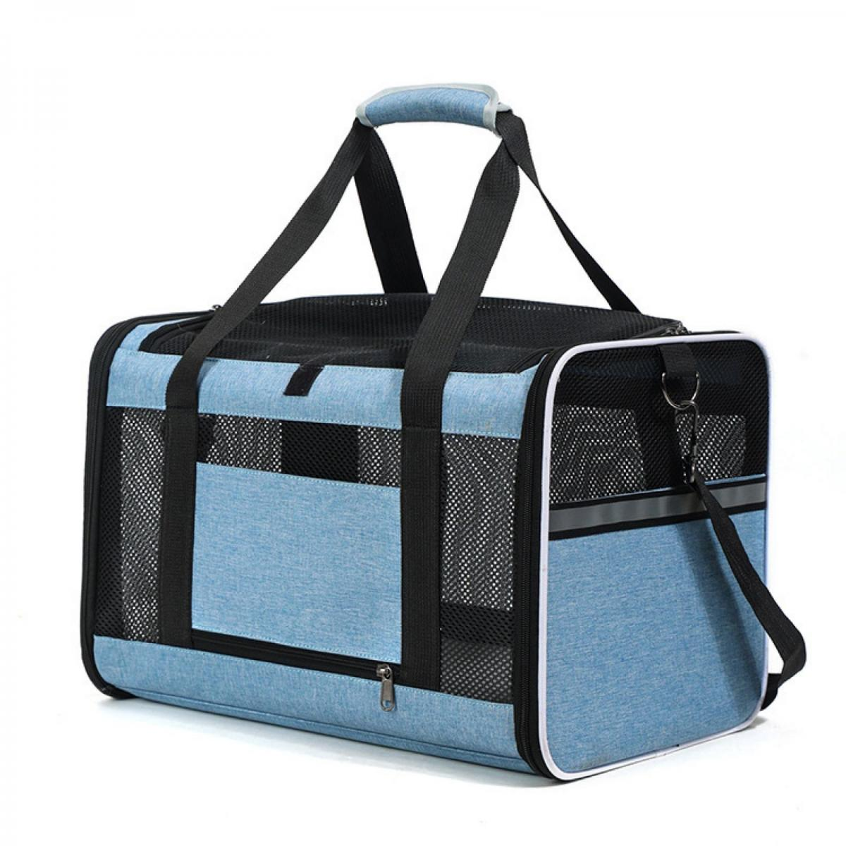 Blaue und schwarze Tragetasche für Haustiere mit Netzfenstern und Tragegriffen.