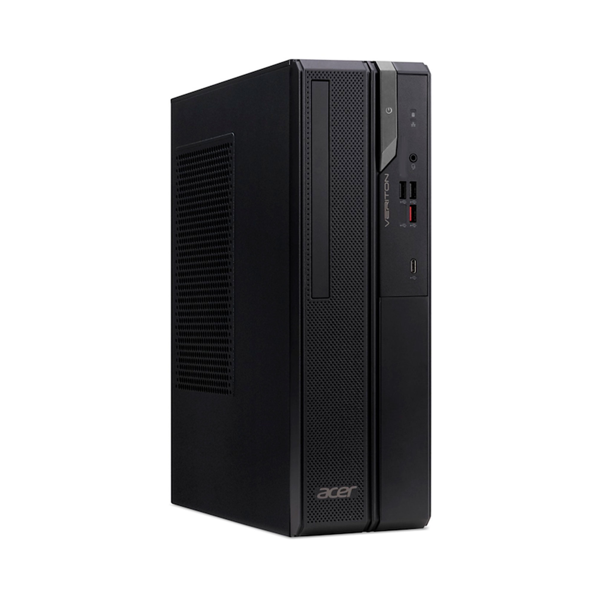 Un delgado ordenador de sobremesa Acer Veriton negro con unidad óptica.