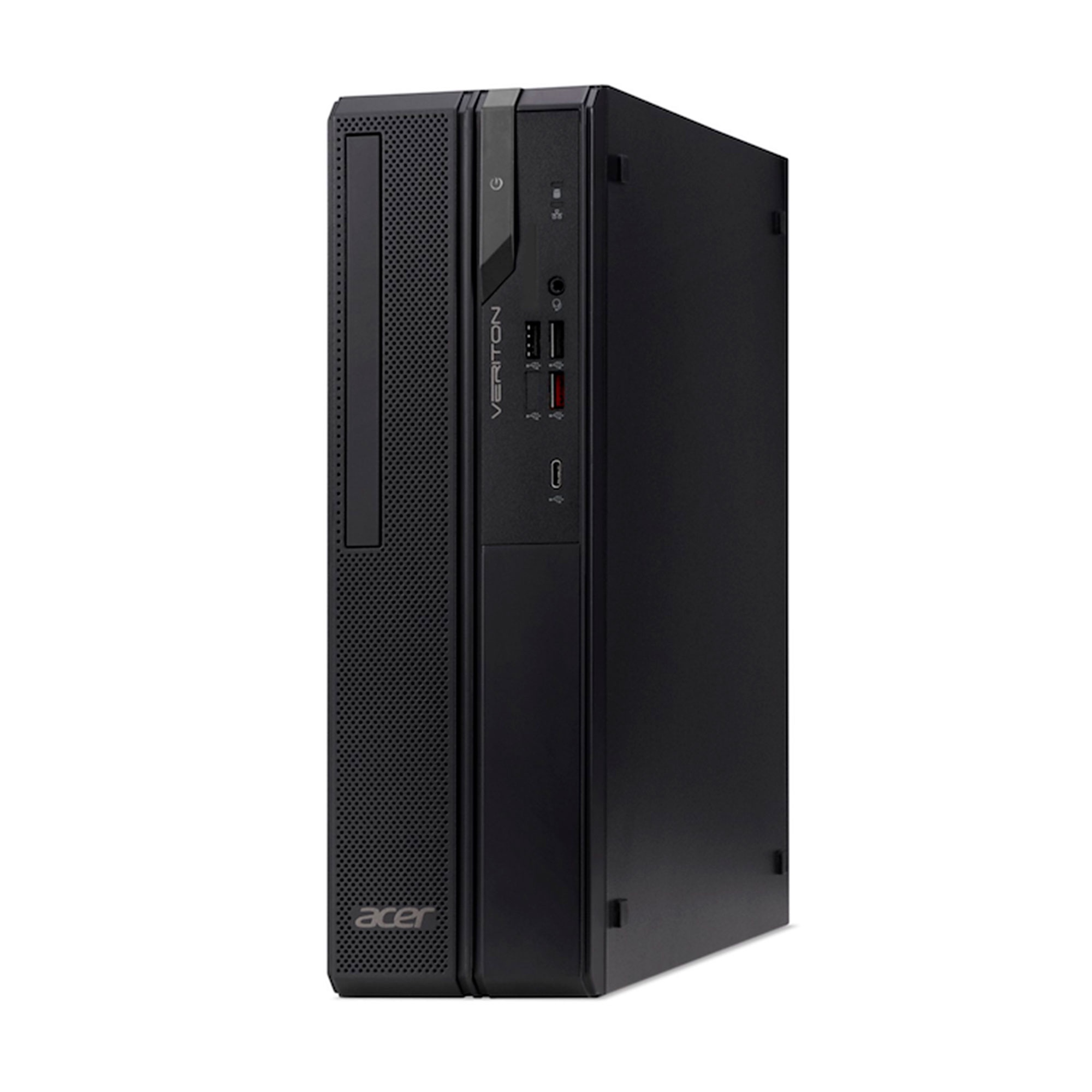 PC de escritorio Acer Veriton negro con botón de encendido, puertos y unidad de CD.