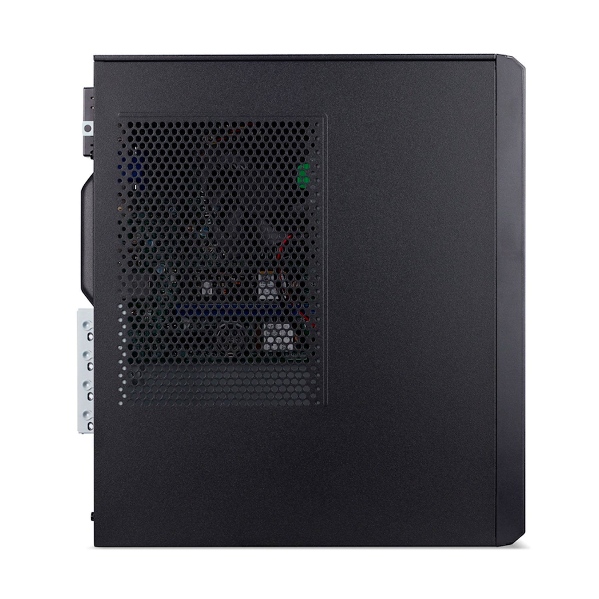 Torre de computadora negra con rejilla de ventilación en el lado izquierdo.