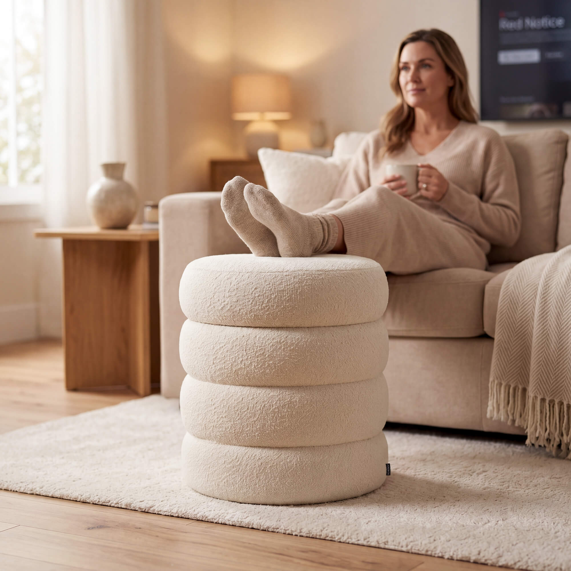 Frau sitzt auf Sofa mit Tasse, Füße auf Hocker, im Wohnzimmer.