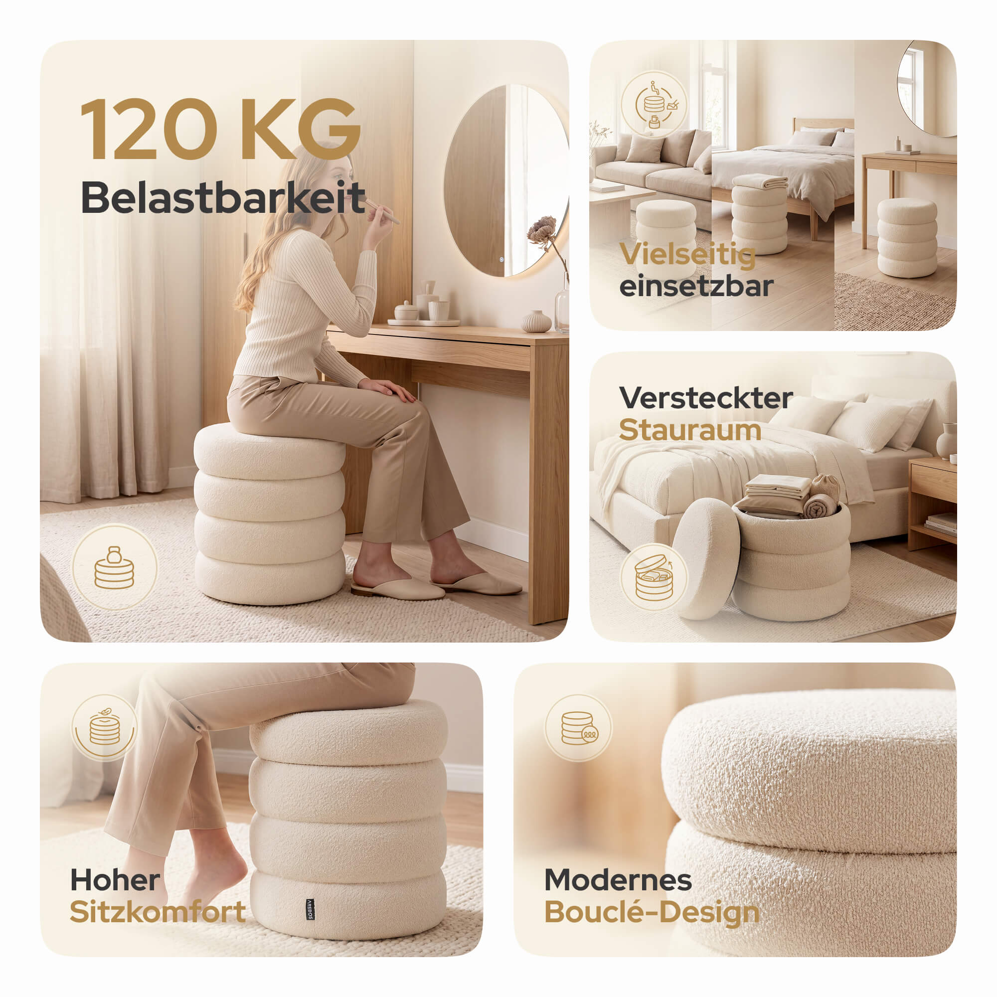 Kollektion von Bildern, die die Tragfähigkeit, Vielseitigkeit, Stauraum und den Komfort eines Hockers zeigen.