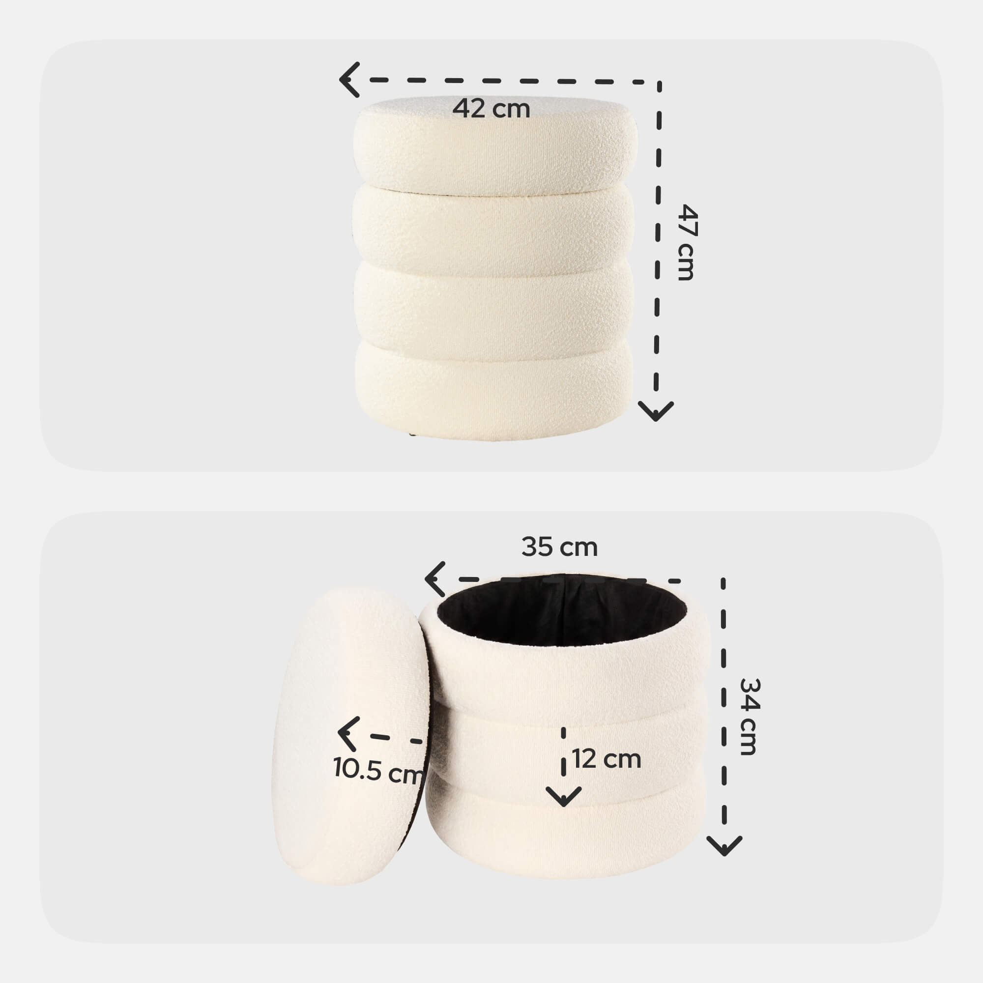 Ein cremefarbener Hocker mit Teddyfell-Textur, Höhe 47cm, Breite 42cm.