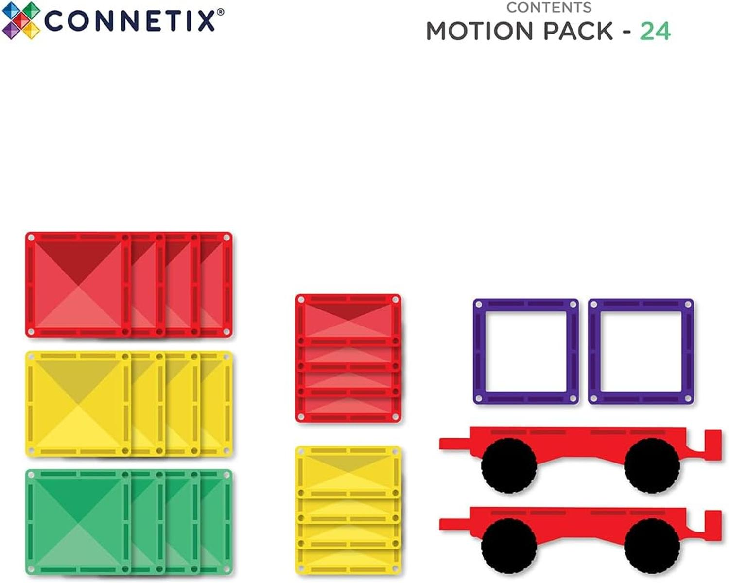 Connetix Motion Pack: quadrati rossi, gialli, verdi e basi per treno rosse con ruote.