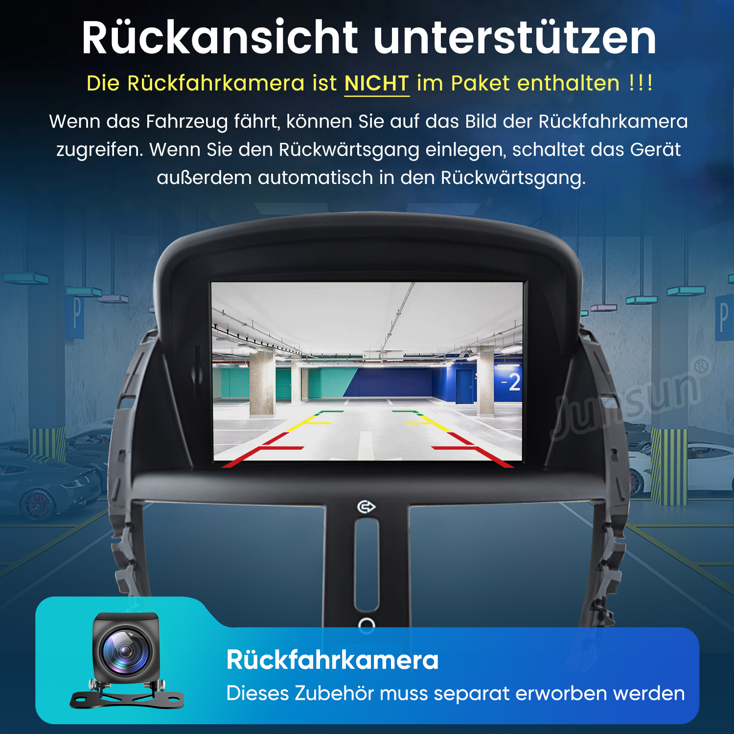 Rückfahrkamera-Display zeigt Parkplatz mit Lenkhilfen, Junsun-Logo.