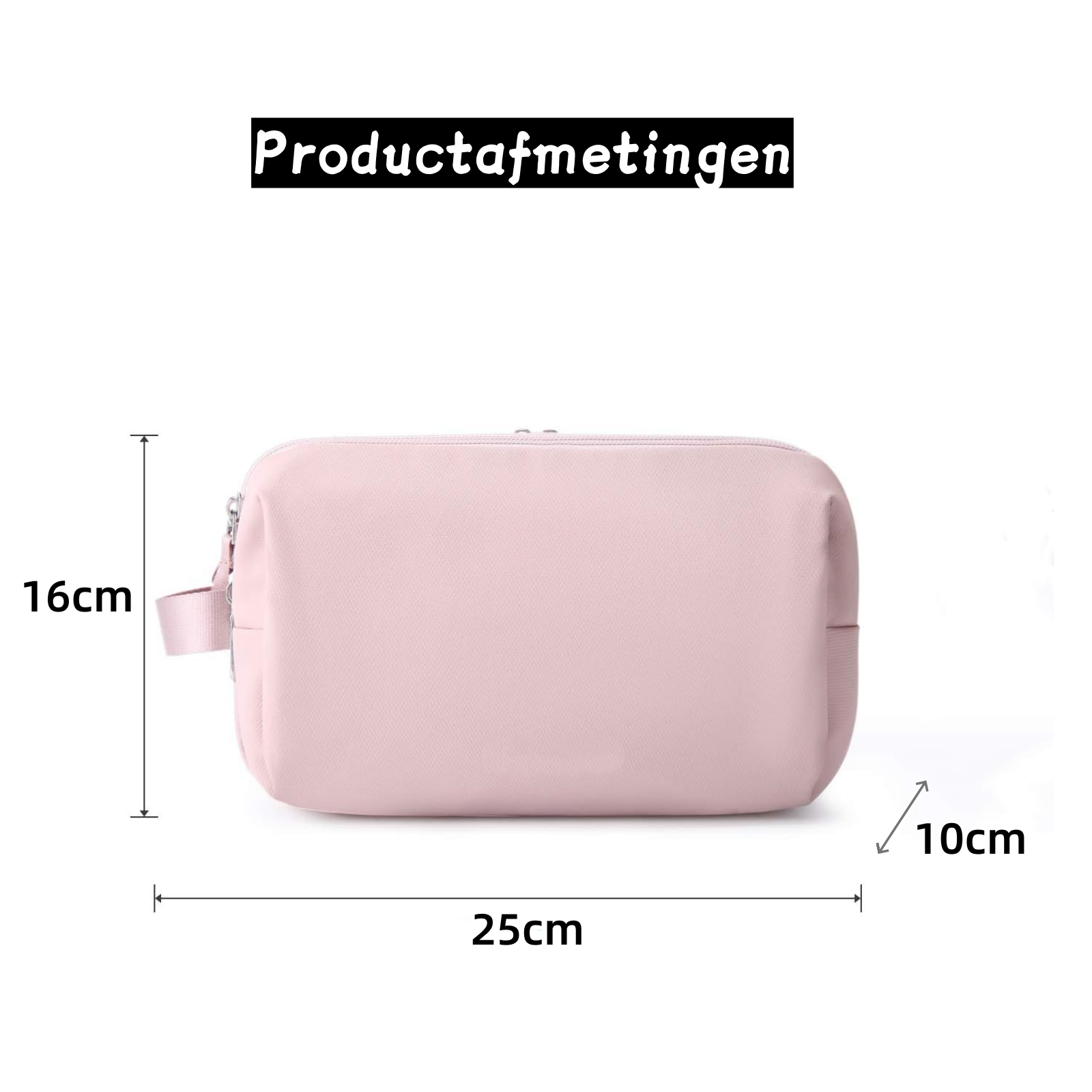 Eine rosafarbene Kosmetiktasche mit Maßen 25x16x10cm.
