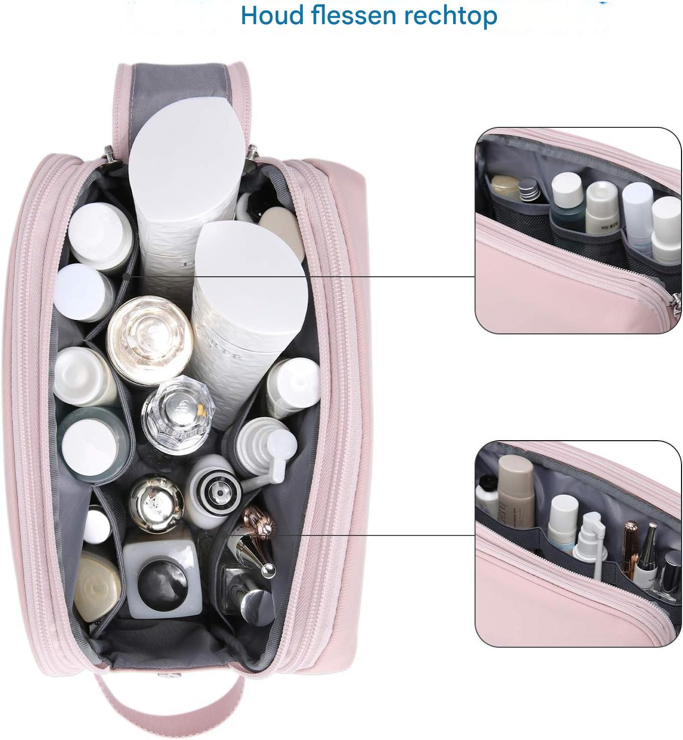 Eine rosafarbene Kulturtasche mit vielen Kosmetikartikeln und Behältern.