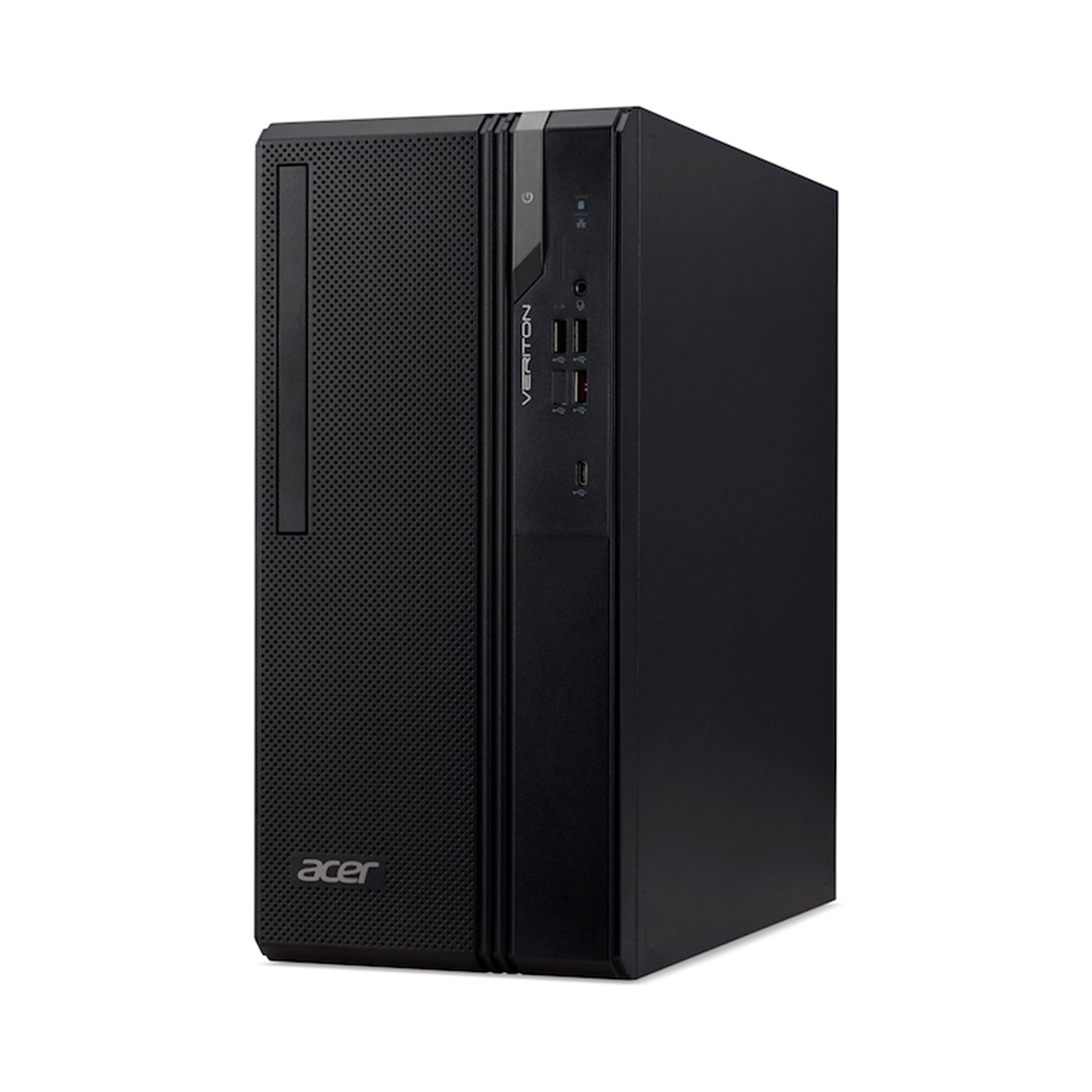 Una torre de escritorio Acer Veriton negra con puertos y panel frontal perforado.