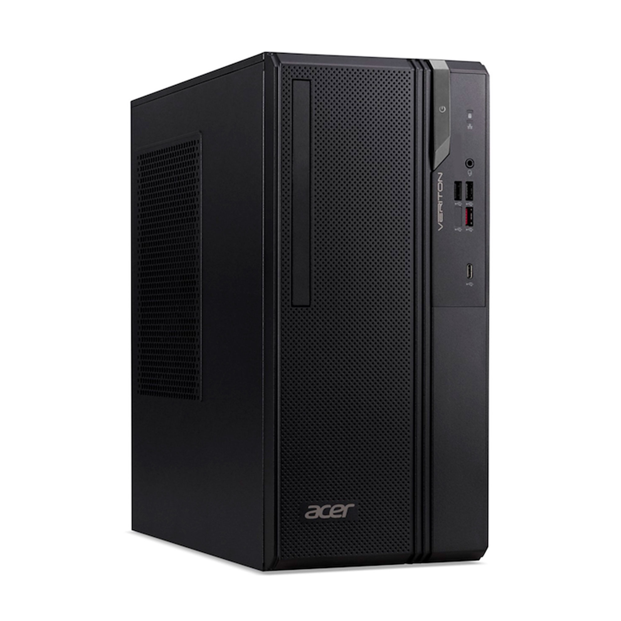 Una torre de escritorio Acer Veriton negra con puertos y rejillas de ventilación.