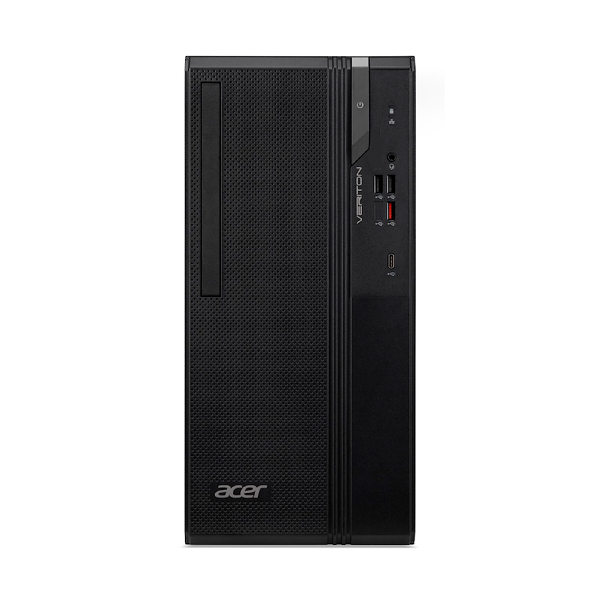 Torre de escritorio Acer Veriton negra con puertos y rejilla de ventilación.