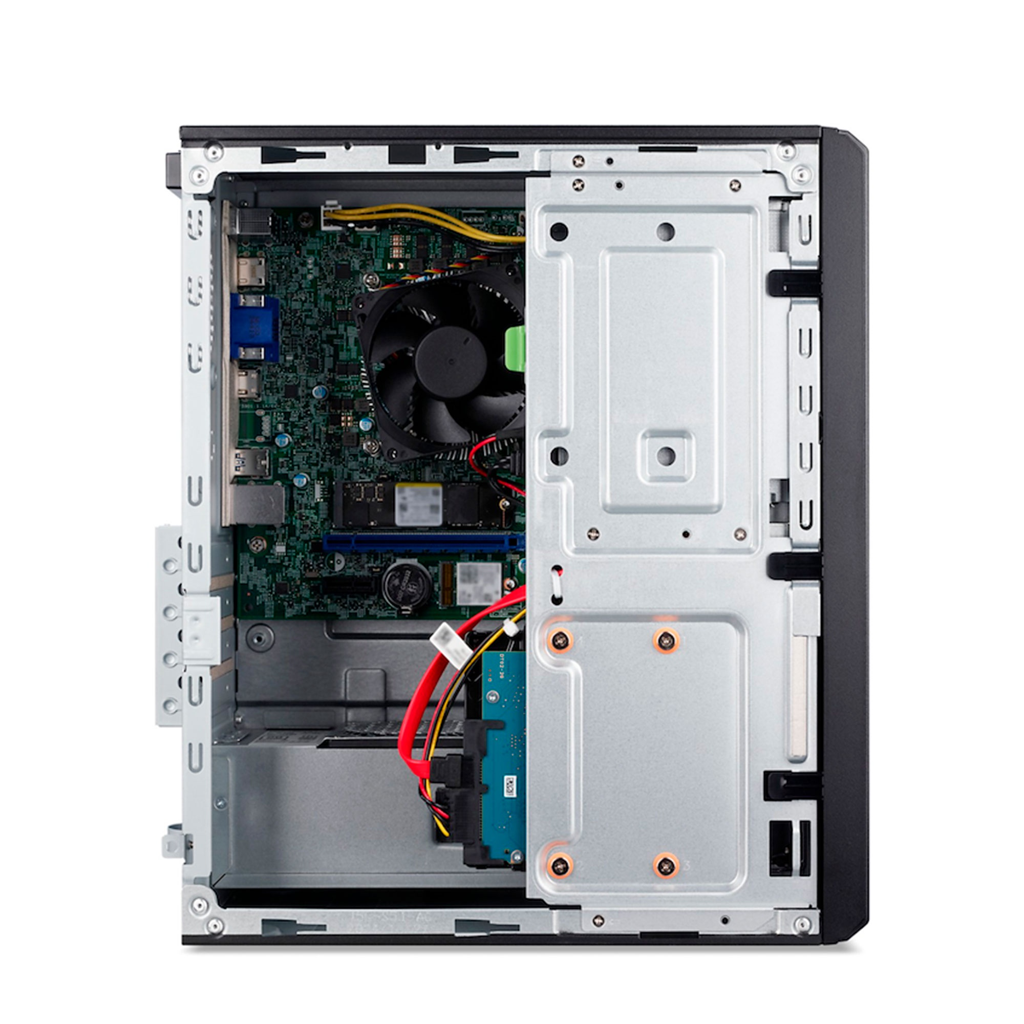 Caja de computadora abierta con placa base, ventilador y disco duro visibles. Fondo blanco.