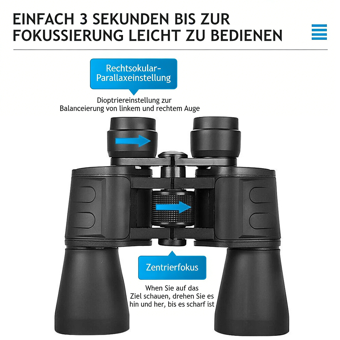 Schwarze Fernglas mit Fokusringen und Pfeilen, die die Einstellung zeigen.