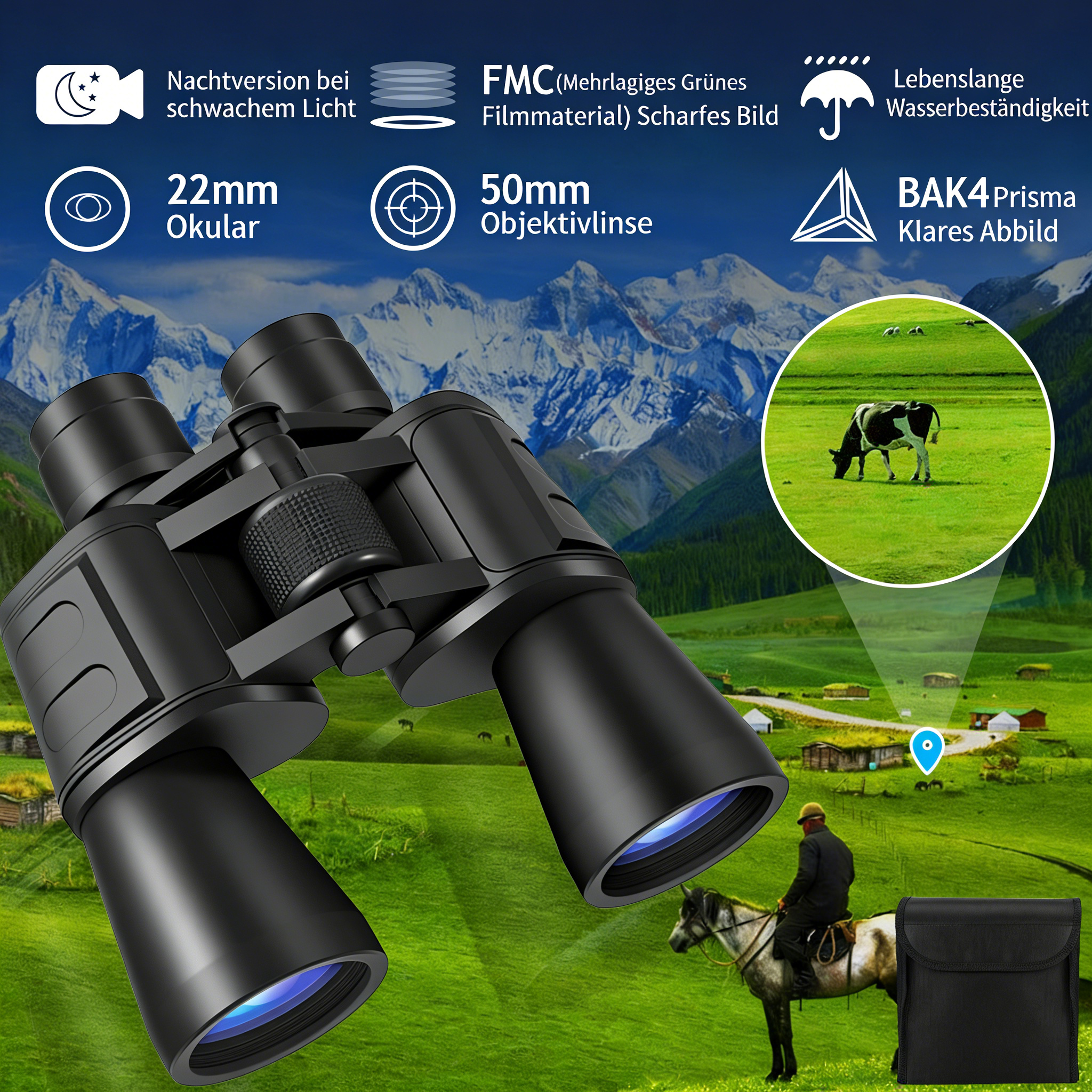 Fernglas vor Berglandschaft, mit Nahaufnahme einer Kuh und einem Reiter.