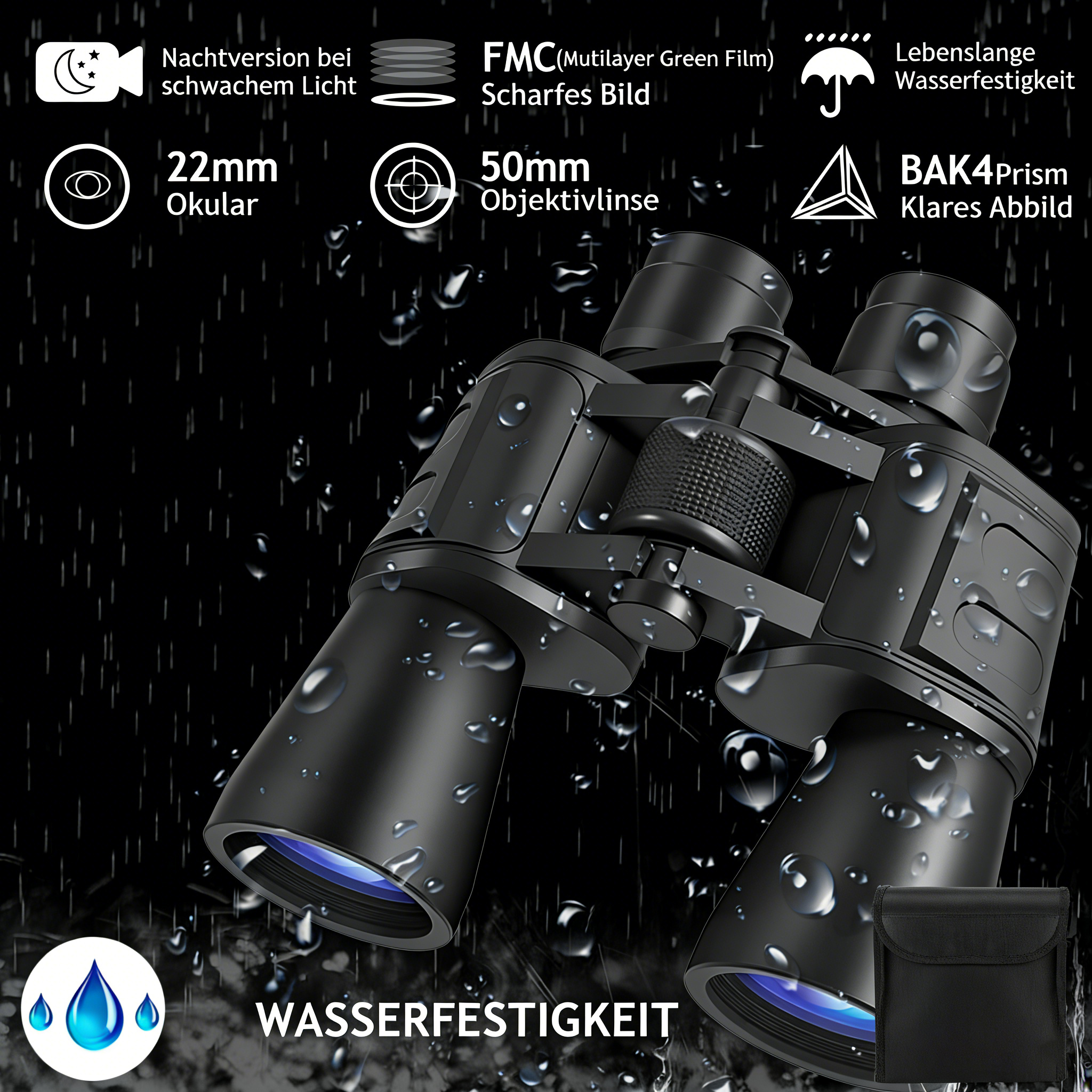 Schwarze Fernglas mit Wassertropfen und Text über seine Eigenschaften.