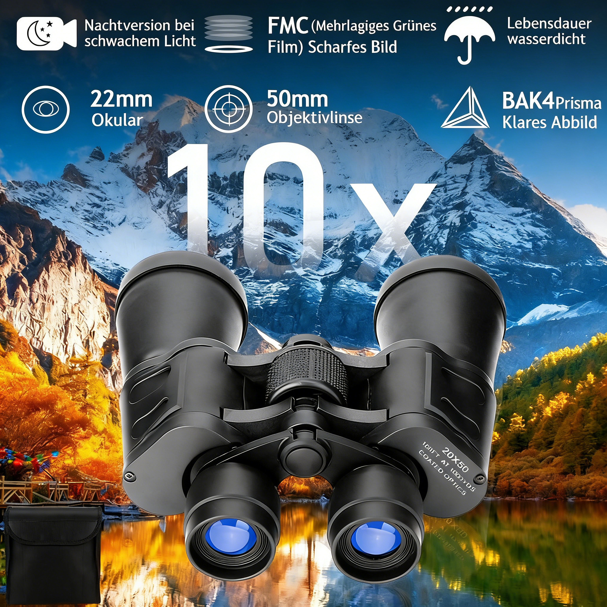 Fernglas mit 10-facher Vergrößerung, 50mm Objektiv, vor schneebedeckten Bergen und Herbstwald.