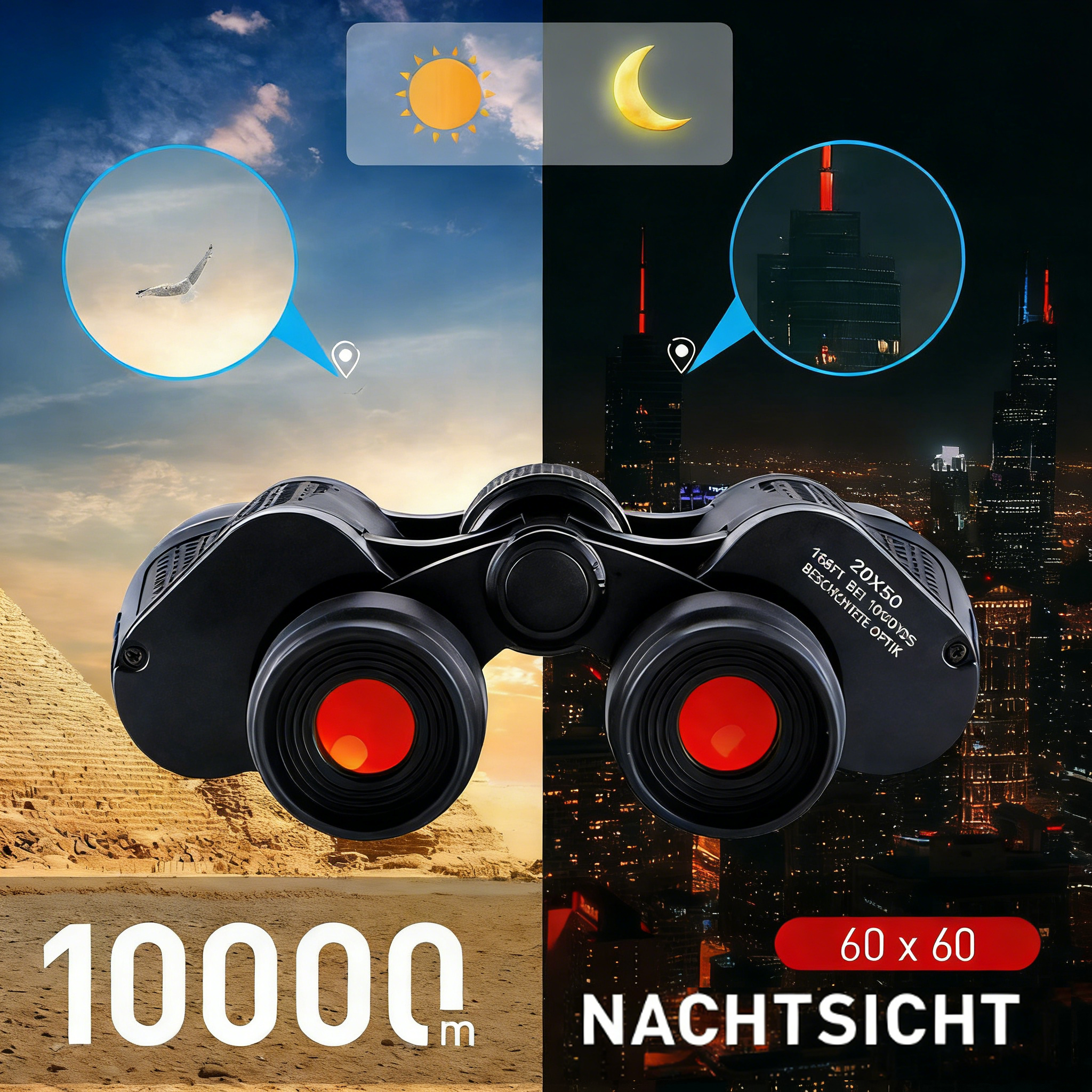 Fernglas bei Tag und Nacht: Pyramiden und Stadtansicht mit Symbolen.