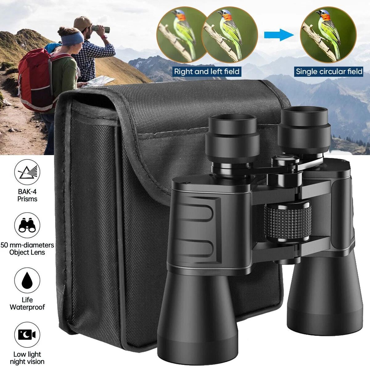 Fernglas mit Tasche, Wanderer im Hintergrund, Vogelansicht.