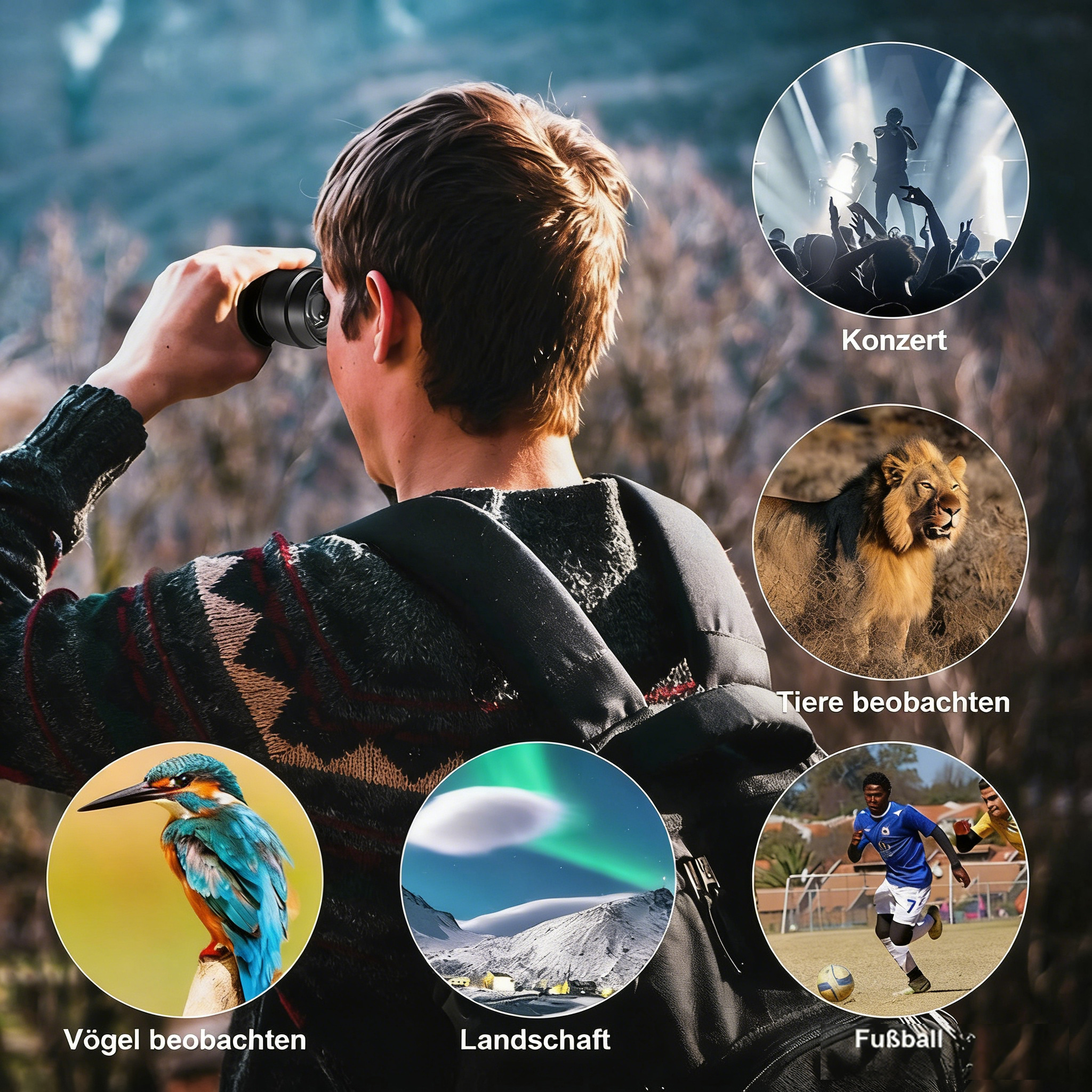 Mann blickt durch Fernglas mit fünf Kreisen: Konzert, Löwe, Vogel, Landschaft, Fußball.