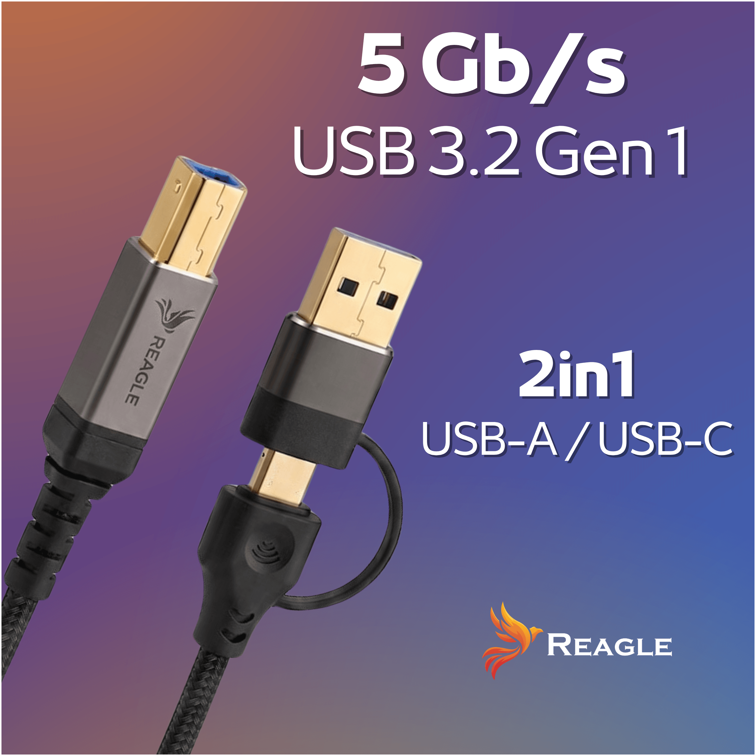 Zwei USB-Kabel mit goldenen Anschlüssen, eines USB-A und eines USB-C.