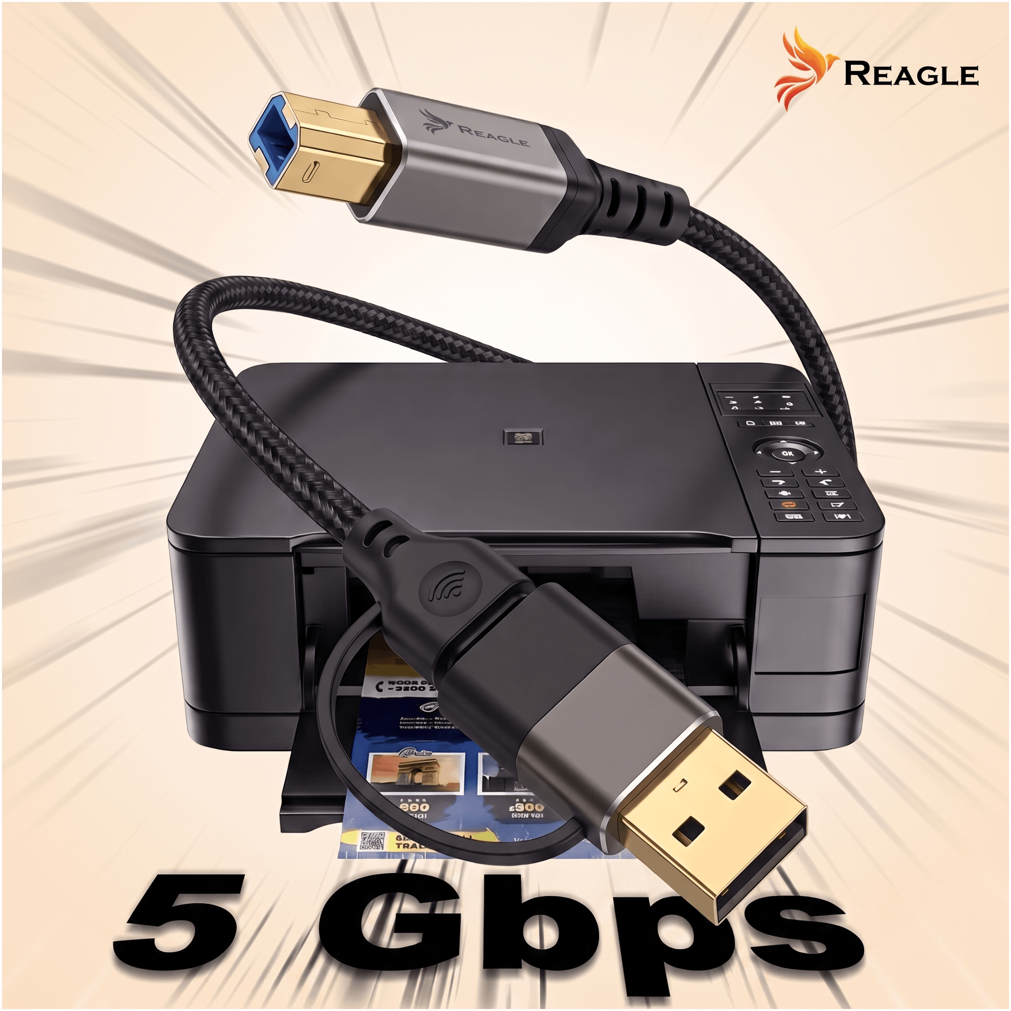 Ein Reagle USB 3.0 Kabel wird an einen schwarzen Drucker angeschlossen. Text: '5 Gbps'.
