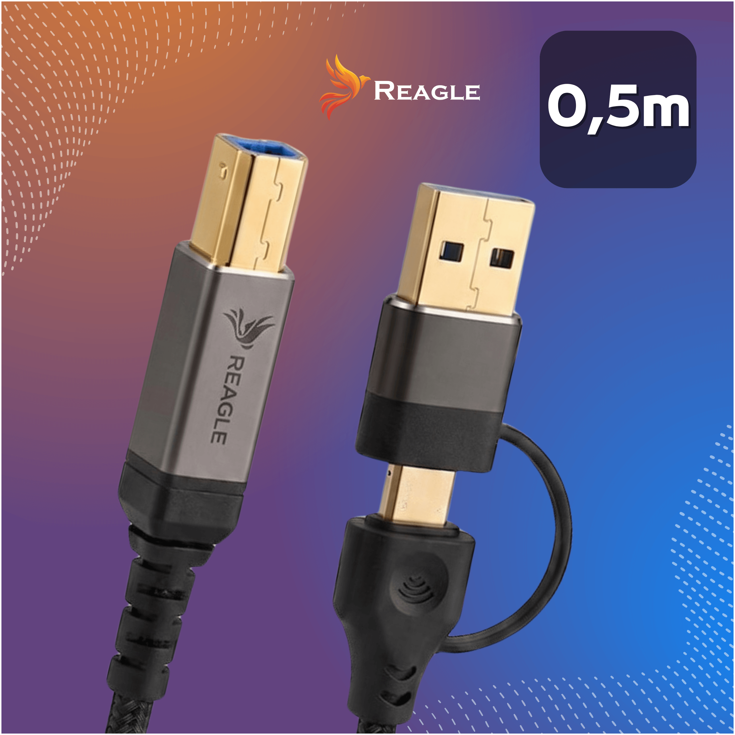 Zwei goldene USB-Stecker mit Reagle-Logo und 0,5m Längenangabe.