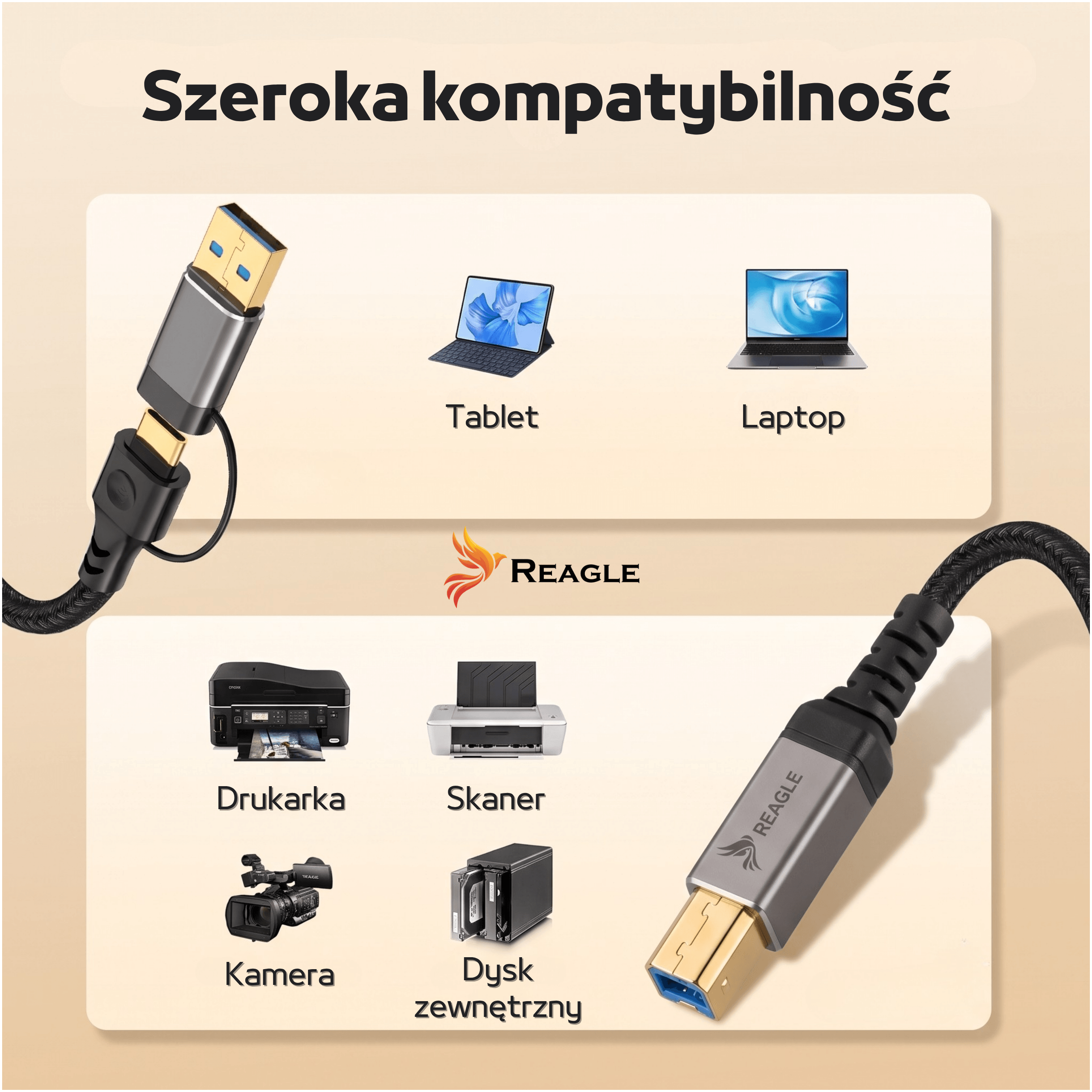 USB-C Kabel mit verschiedenen Geräten wie Tablet, Laptop, Drucker, Scanner, Kamera, externer Festplatte.