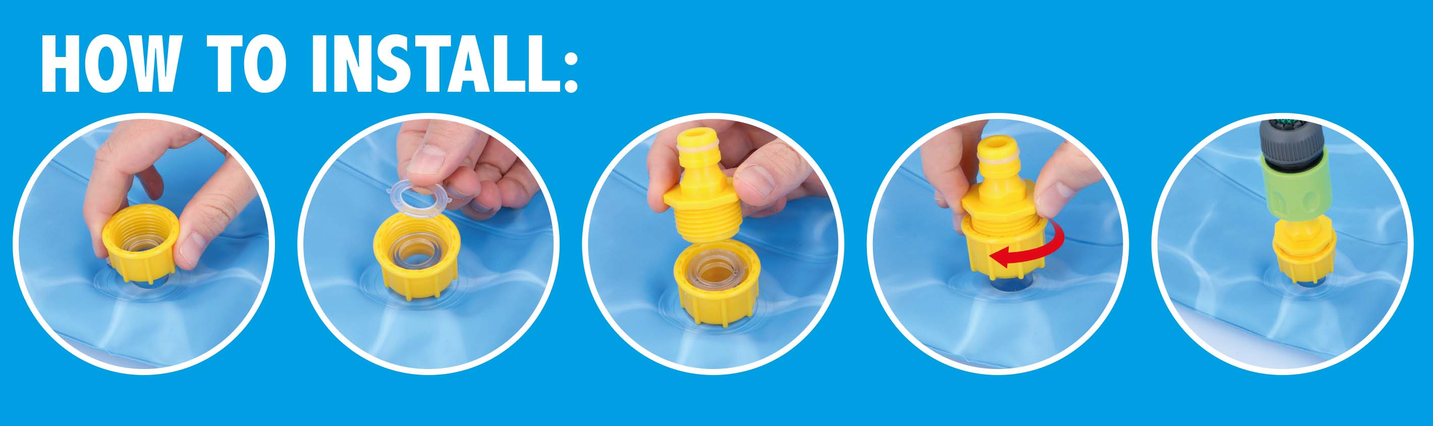 Step-by-step installation of a yellow valve on a blue surface.