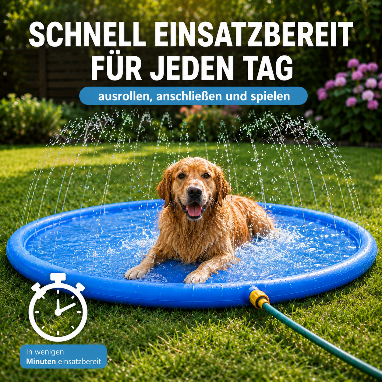 A Golden Retriever dog plays in a blue splash pool with water spraying.