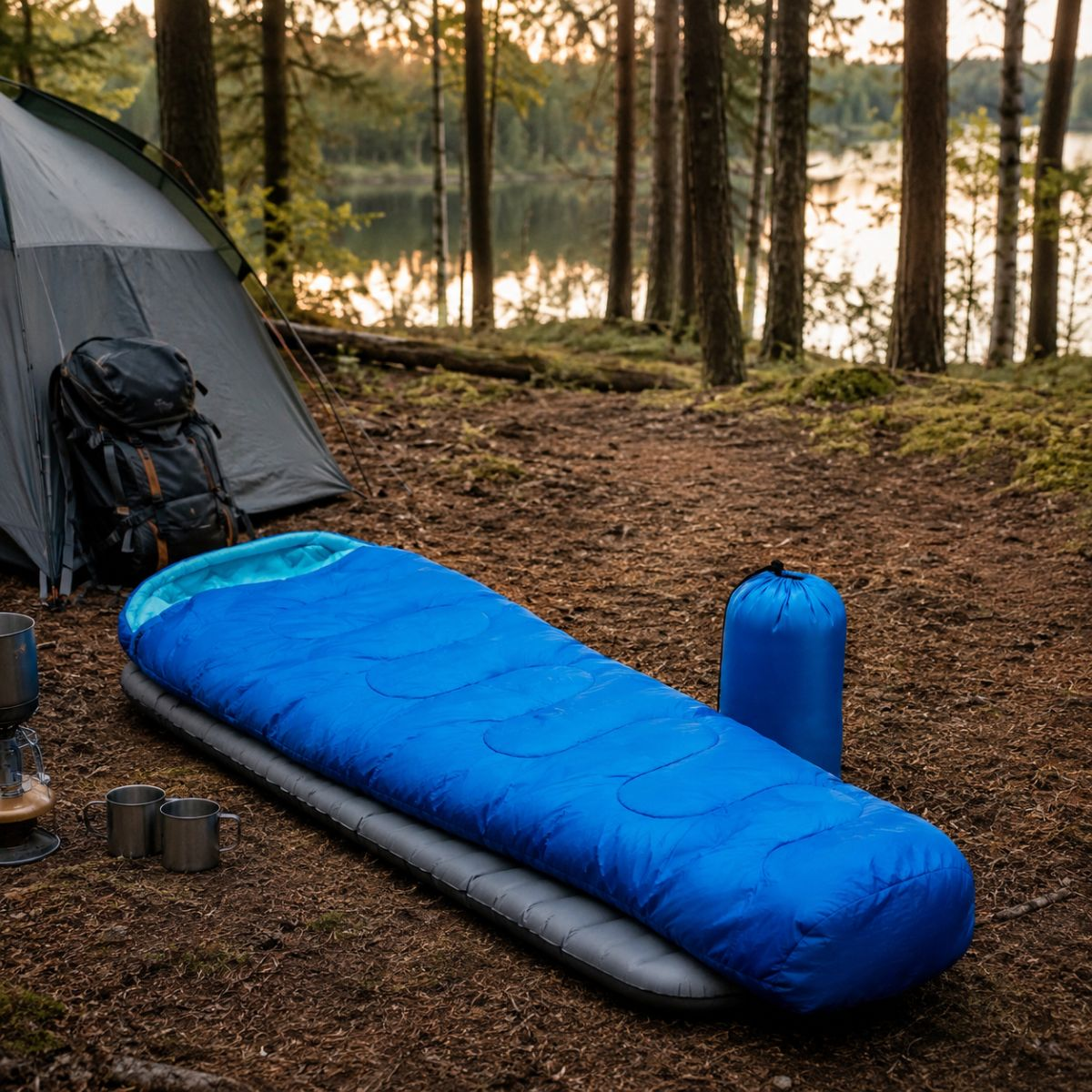 Tent and sleeping bag on forest floor at sunset.