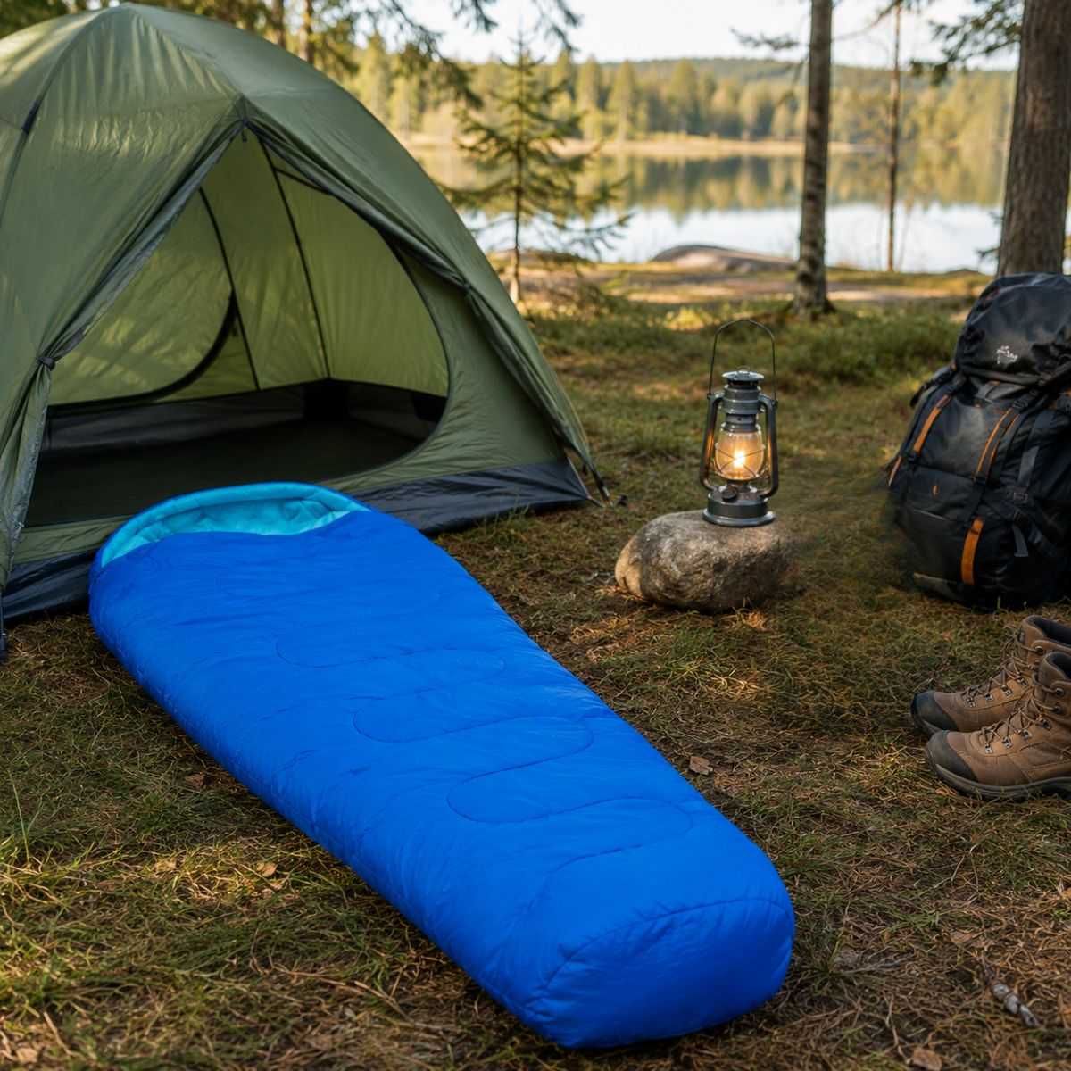 A green tent, a blue sleeping bag, a lantern, and a backpack by a lake.