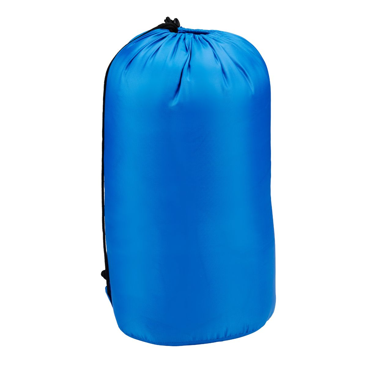 A blue stuff sack with a black drawstring, isolated on a white background.