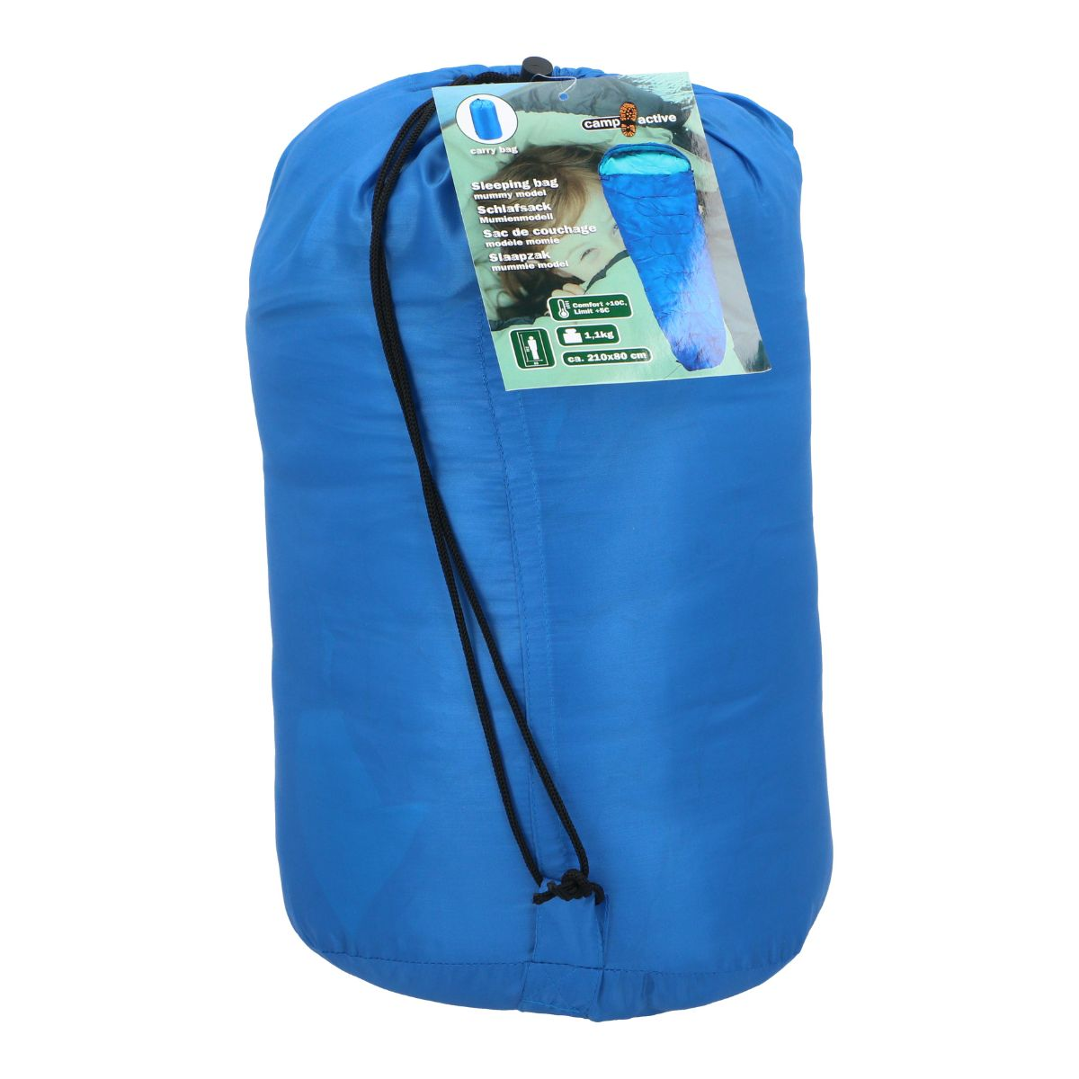 Blue sleeping bag in its carry bag with text and image of a sleeping bag.