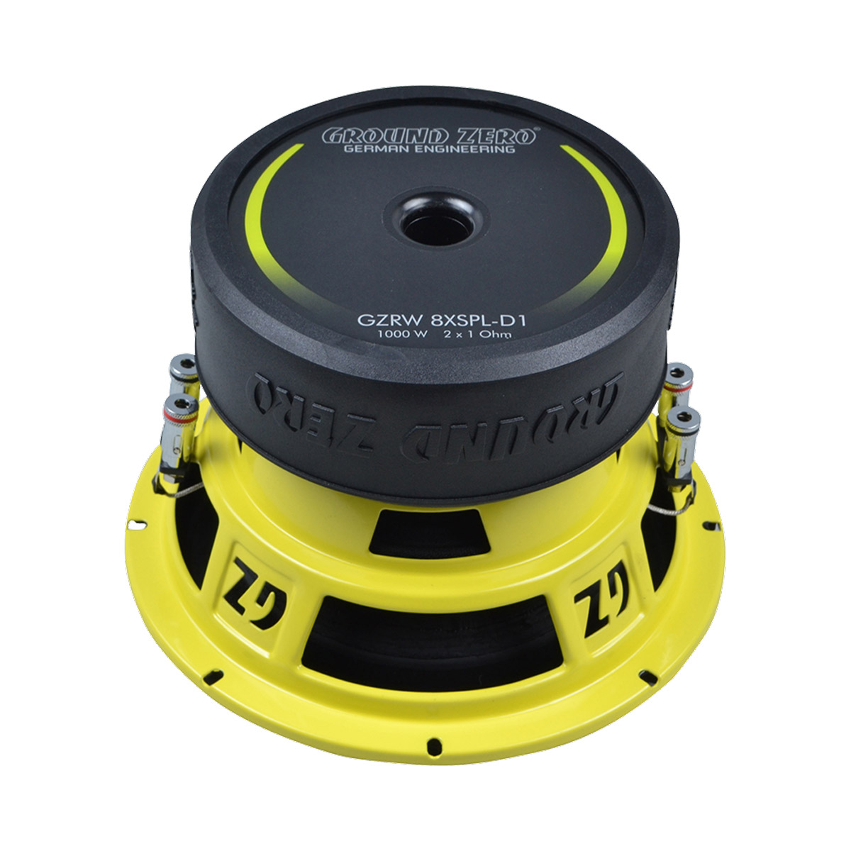 Gelber Subwoofer mit schwarzen und gelben Akzenten.