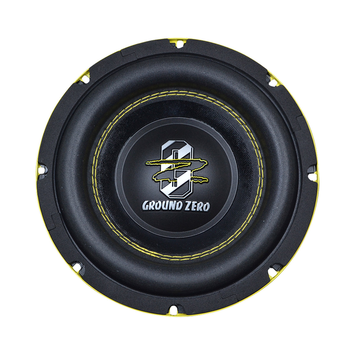 Ein schwarzer Subwoofer mit gelber Naht und gelbem Rand auf weißem Hintergrund.