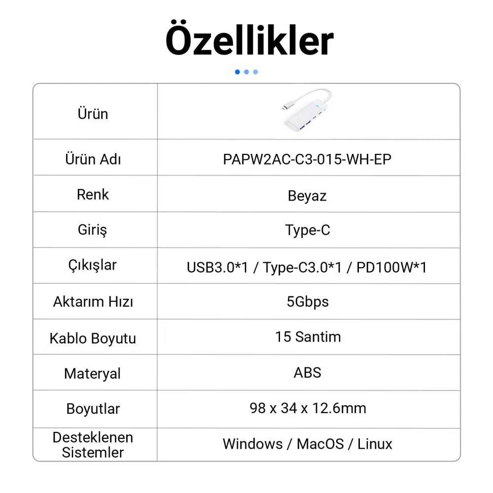 Beyaz 3 portlu USB-C hub, 5 Gbps aktarım hızı.