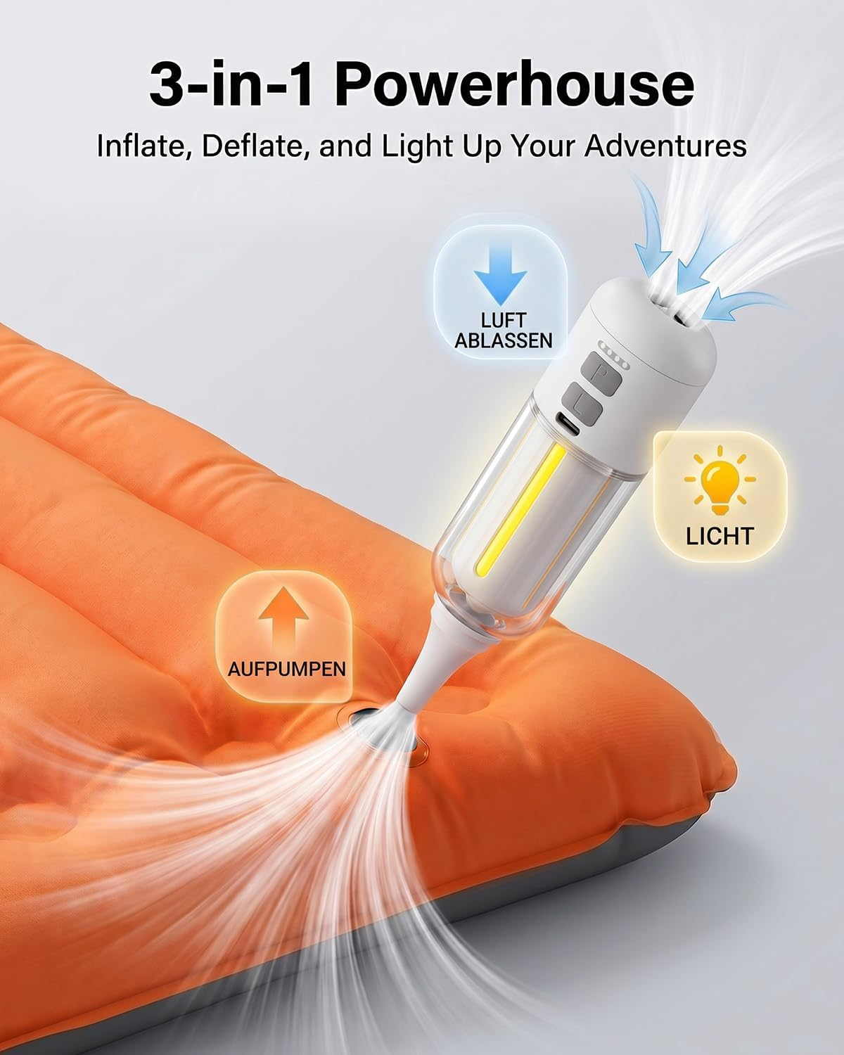 Aufblasbares Bett mit 3-in-1 Gerät: Aufpumpen, Luft ablassen, Licht.