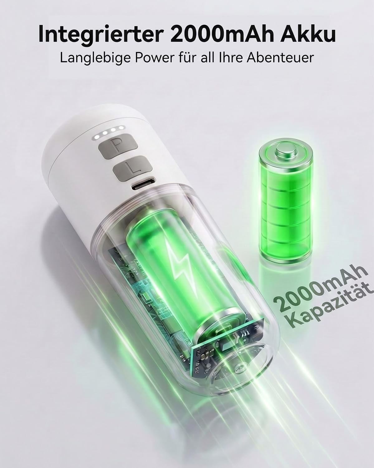 Ein weißes Gerät mit durchsichtigem Gehäuse zeigt eine grüne Batterie mit Blitzsymbol.