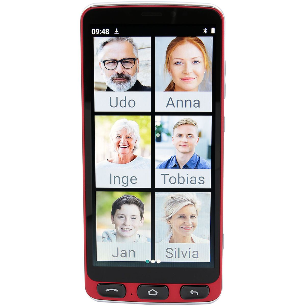 Ein rotes Smartphone zeigt sechs Porträts mit Namen an: Udo, Anna, Inge, Tobias, Jan, Silvia.