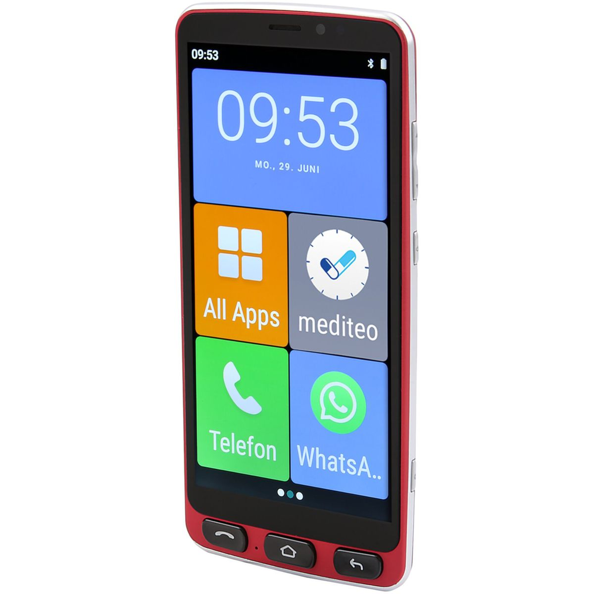 Ein rotes Smartphone mit Apps wie 'All Apps', 'mediteo', 'Telefon' und 'WhatsApp'.