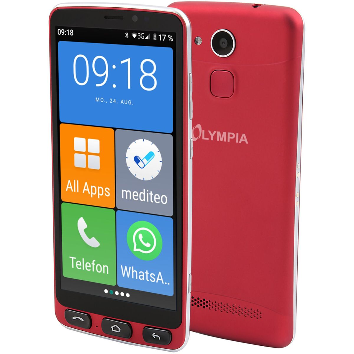 Ein rotes Olympia Smartphone mit großem Display, das die Uhrzeit und Apps anzeigt.